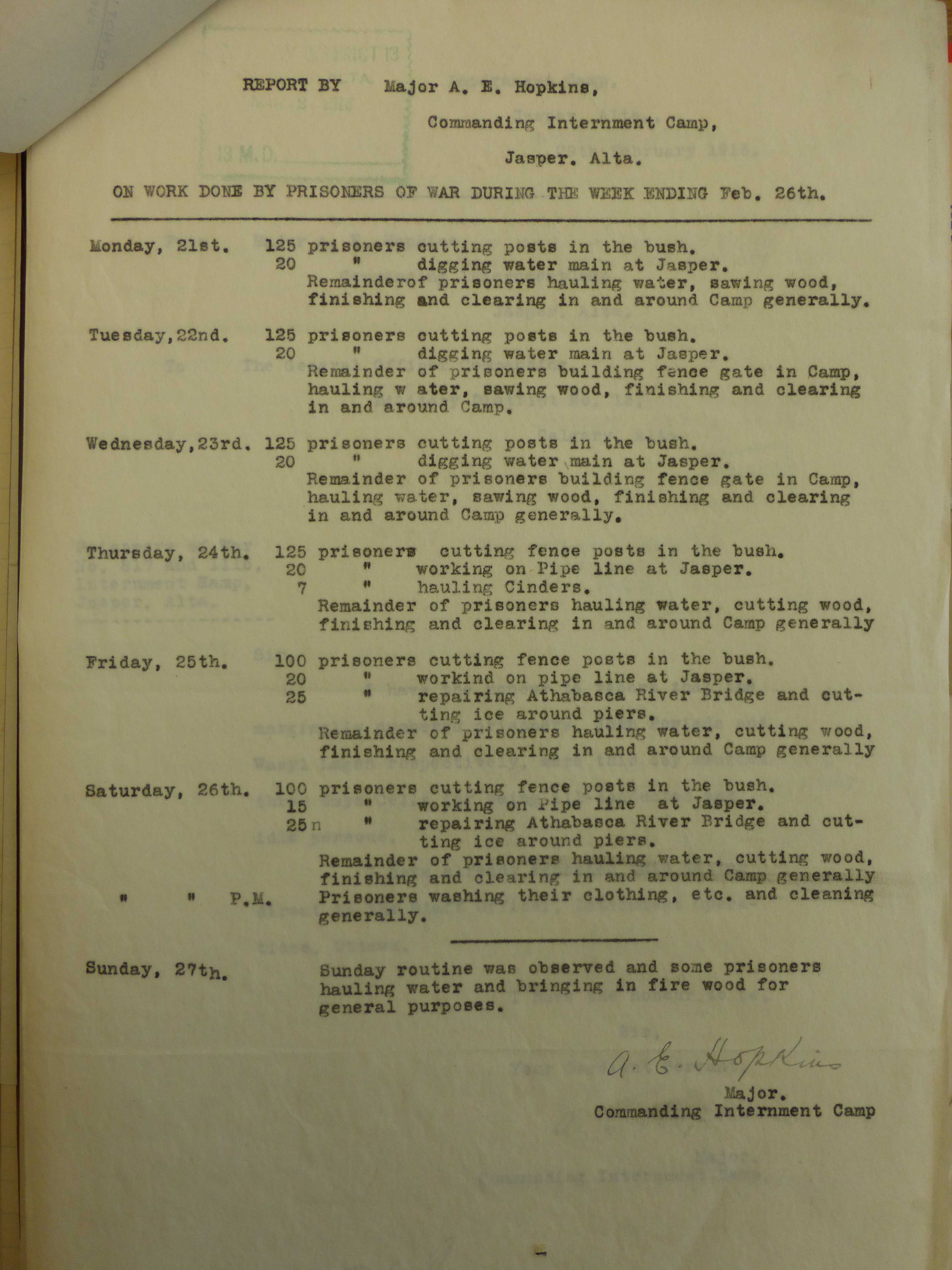 A typed report of daily activities at the Jasper Internment Camp from 21 to 27 February